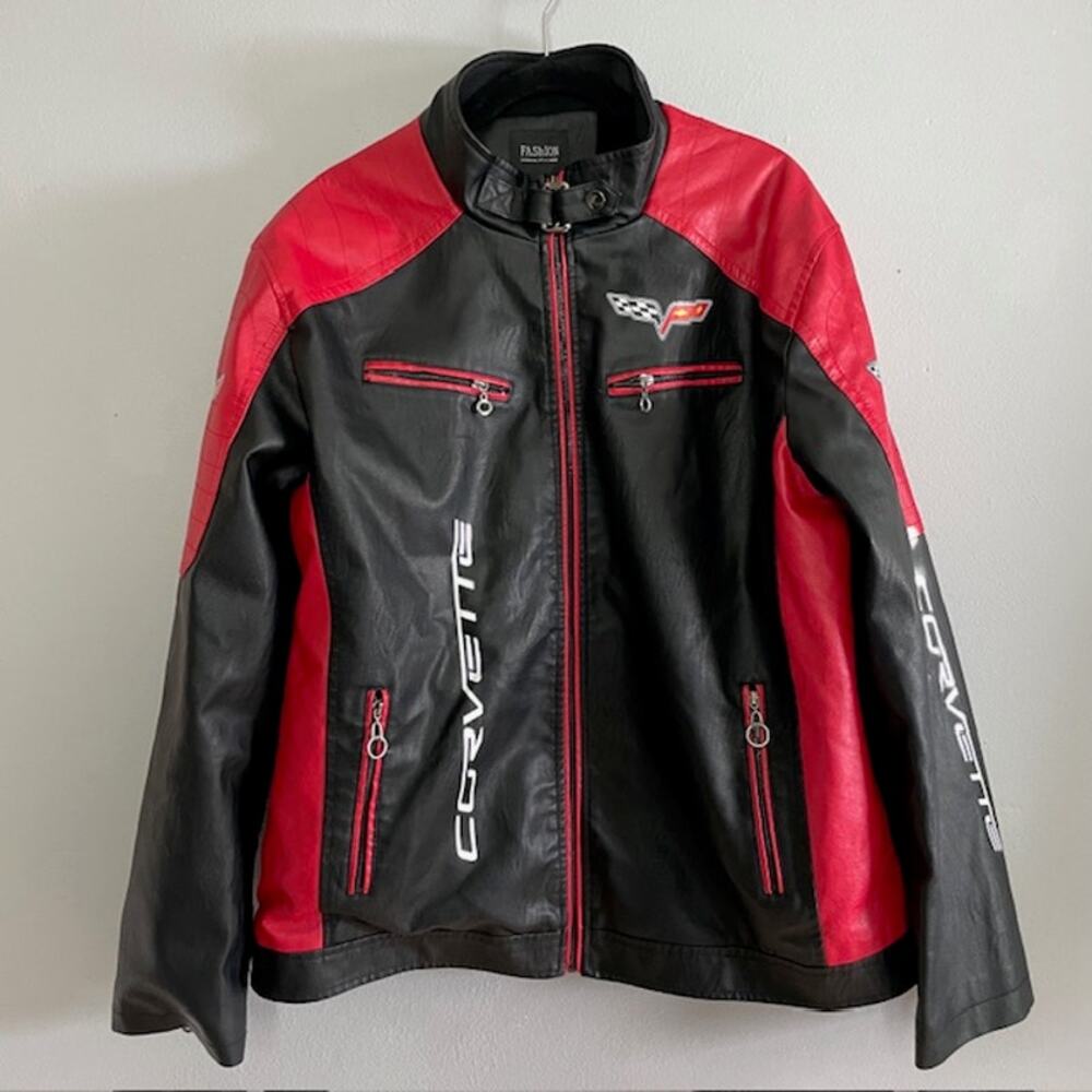Corvette C7 Racing Jacket Black Red Faux Leather Moto Large Streetwear Y2K NWOT